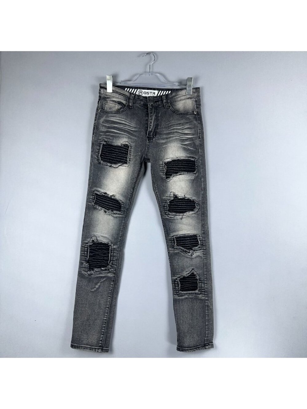 GSTR Biker Jeans Size 30 Moto Distressed Skinny Ripped Mid Rise Gray Medium Wash